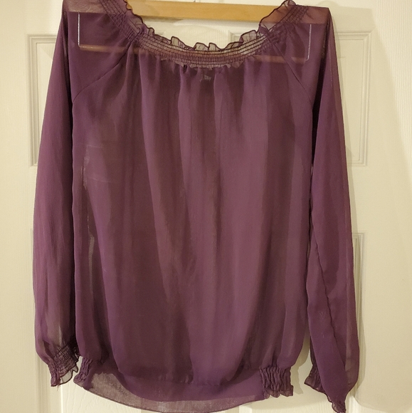 Bedo Sheer Long Sleeve Blouse in Plum - Picture 6 of 6